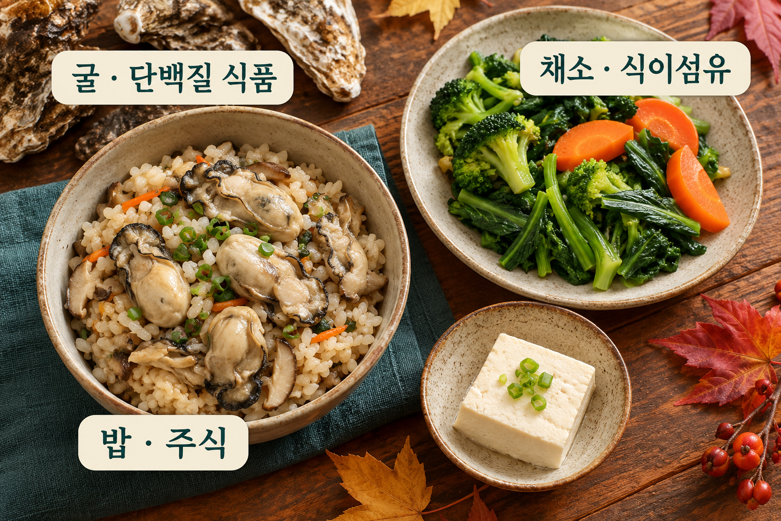 충분히 익힌 굴밥에 채소와 다른 반찬을 곁들인 식탁.