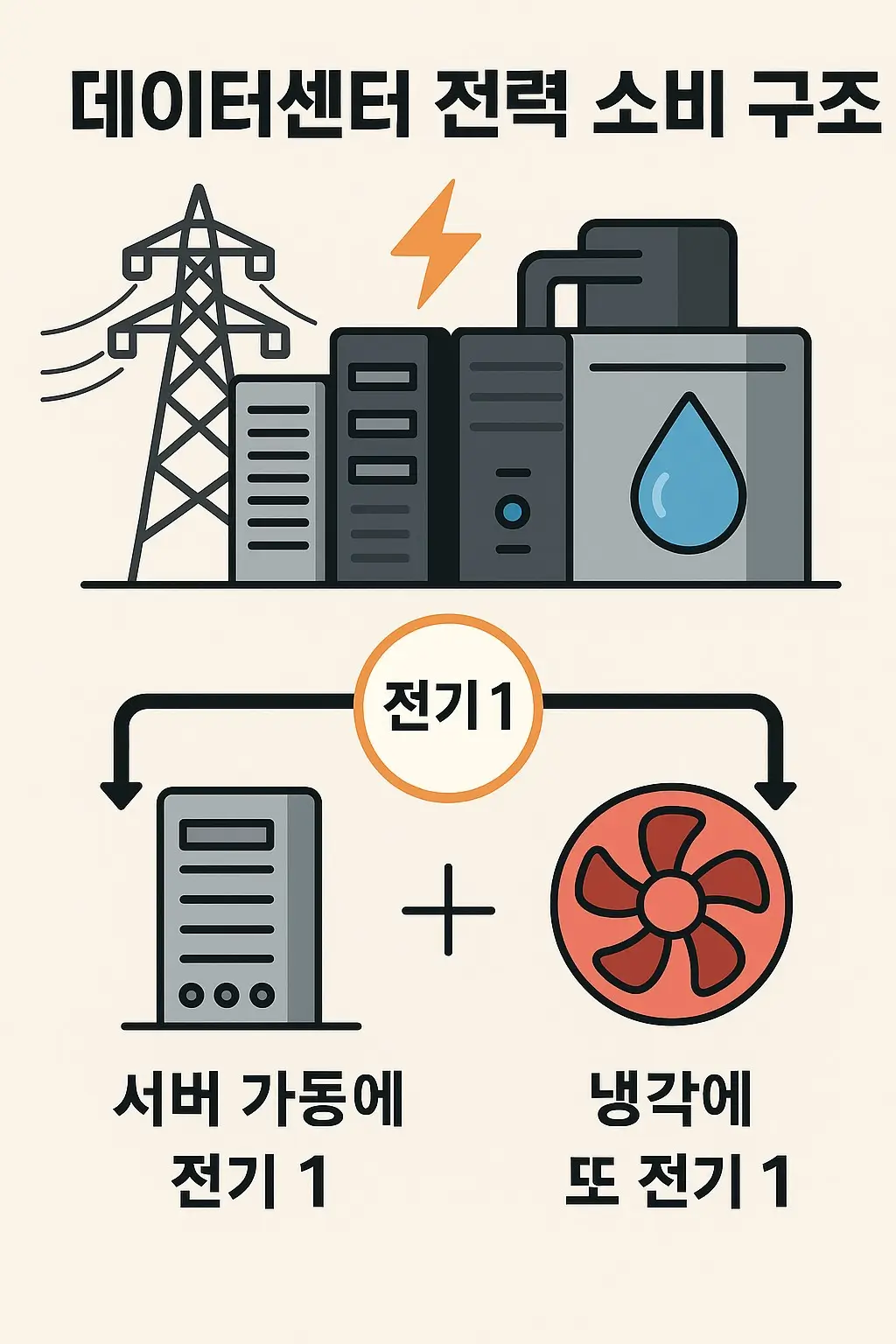 데이터센터의 전력 소비 구조를 설명하는 이미지로, 서버 가동에 전기 1, 냉각에 또 전기 1이 필요한 이중 전력 구조를 보여준다.