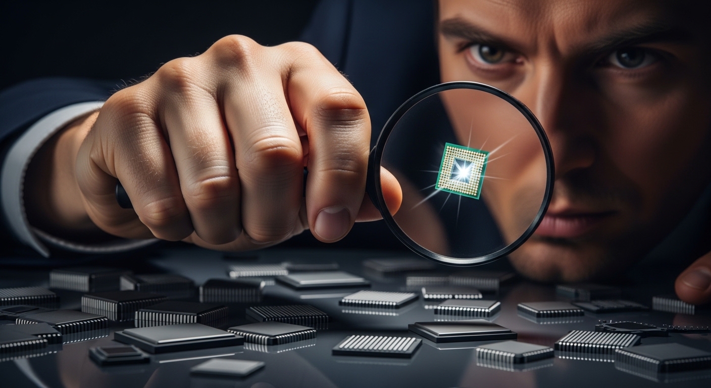 An investor's hand with a magnifying glass finding a 'real gem' among numerous semiconductor chips, with a cautious expression.
