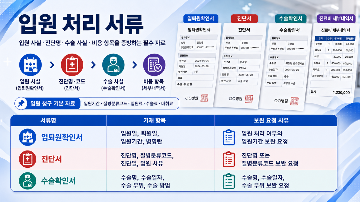 입원 처리 서류를 설명한 16:9 인포그래픽으로, 입퇴원확인서&middot;진단서&middot;수술확인서&middot;세부내역서의 기재 항목과 보완 요청 사유를 정리한 이미지