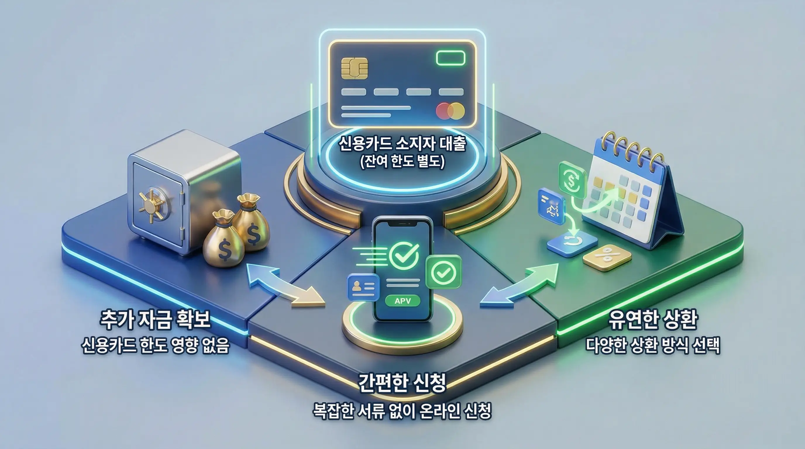 신용카드 잔여 한도와 별개로 진행되는 소지자 대출의 장점을 설명하는 3D 인포그래픽
