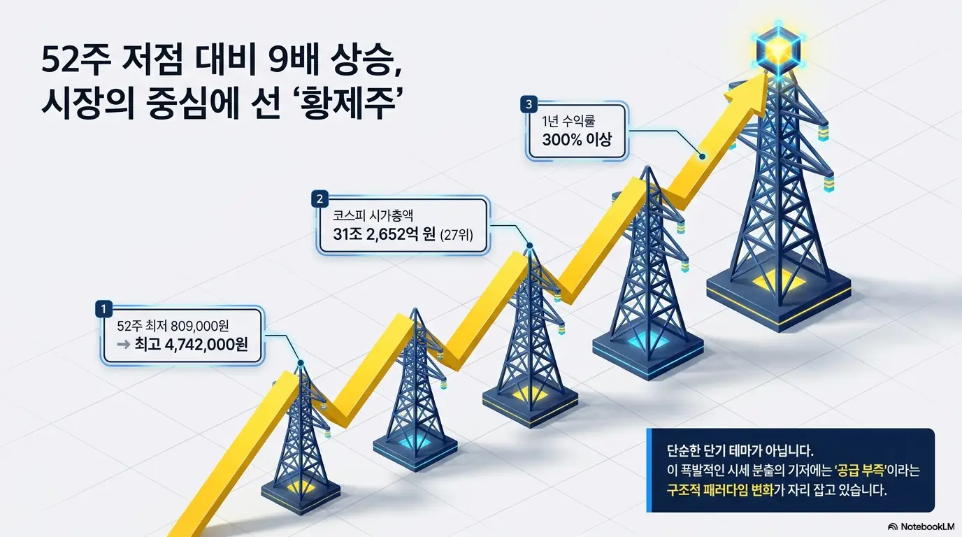 효성중공업 주가가 52주 저점 80만 9천 원에서 최고 474만 2천 원까지 9배 상승한 흐름을 송전탑 그래프로 표현한 인포그래픽. 코스피 시가총액 31조 원대와 1년 수익률 300% 이상을 함께 보여주며, 단기 테마가 아닌 공급 부족이라는 구조적 변화가 황제주 등극의 배경임을 설명함.