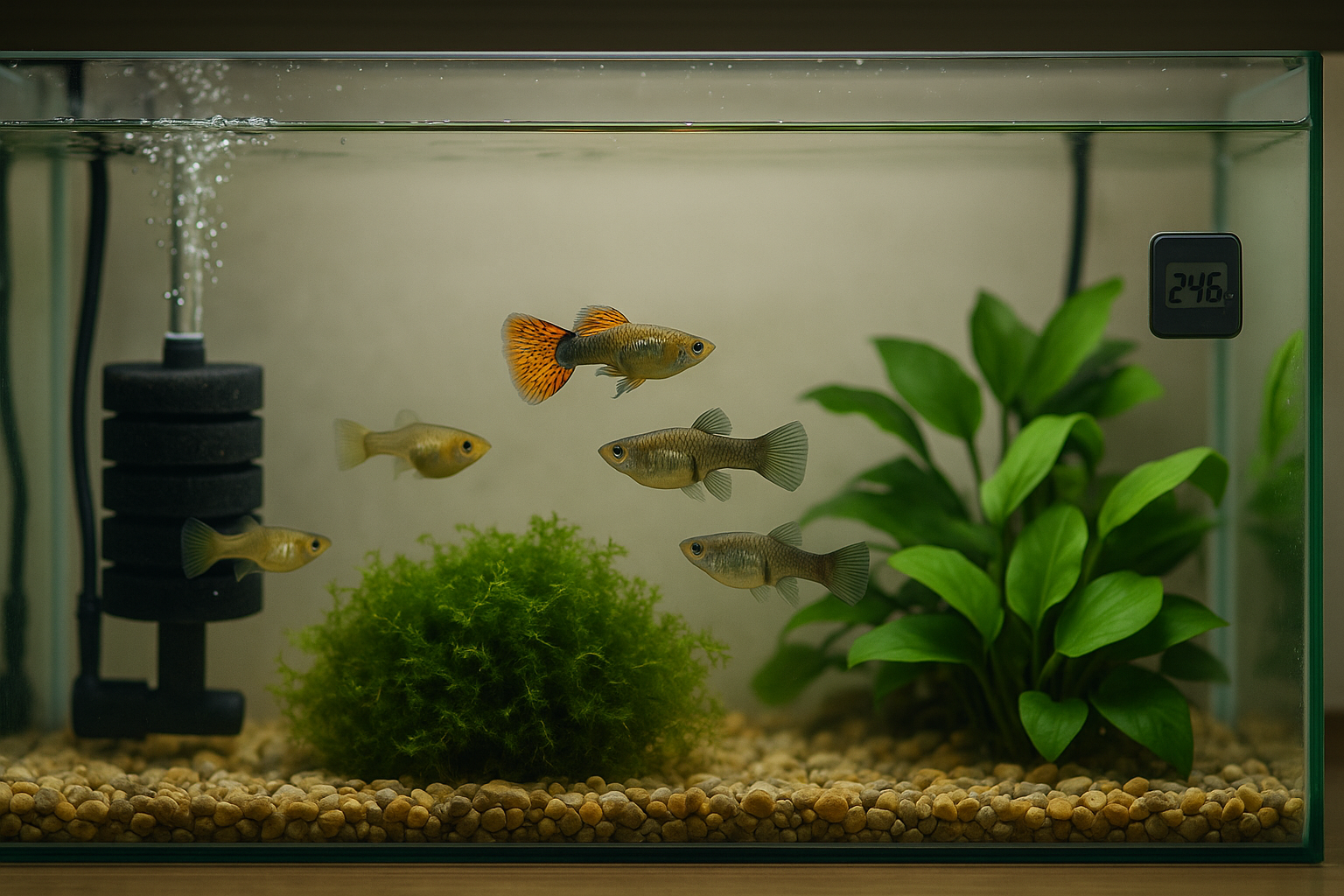 직사각형 60L 구피 수조에서 스펀지 여과와 히터, 온도계가 보이고 1:2 비율의 수컷·암컷 무리가 자바모스와 아누비아스 사이를 차분히 헤엄치는 모습.