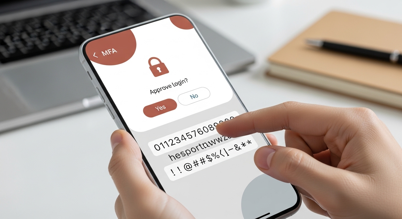 강력한 비밀번호를 입력하고 2단계 인증을 설정하여 계정을 보호하는 스마트폰 화면과 손의 모습.