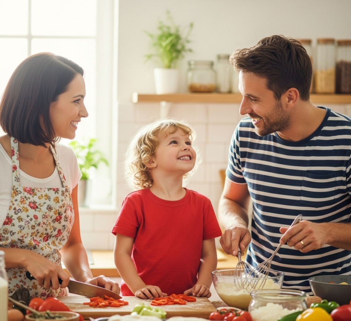 엄마, 아빠, 아이가 주방에서 즐겁게 요리하며 대화하는 모습 사진