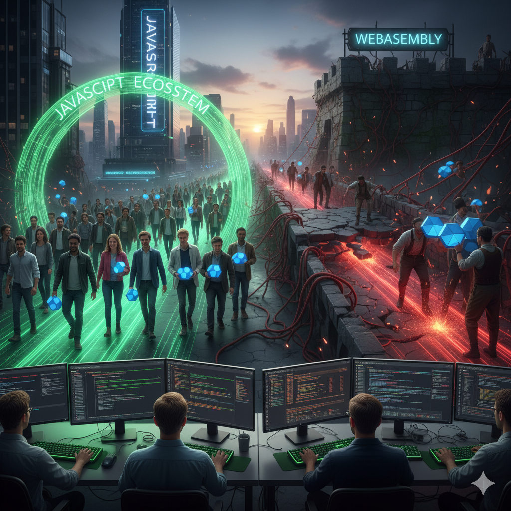 미래적인 도시 스카이라인을 배경으로 한 황혼 무렵의 거대한 아치형 게이트가 빛나는 녹색 원으로 형성되어 있으며, 'JAVASCRIPT ECOSYSTEM'이라는 텍스트가 아치 위에 새겨져 있다. 수많은 개발자들이 군중처럼 모여 각자 푸른 육면체 코드를 들고 행진하고 있으며, 왼쪽에는 현대적인 고층 빌딩과 'JAVASCRIPT' 네온사인이, 오른쪽에는 무너진 벽과 WebAssembly 네온사인 아래에서 일하는 개발자들이 보인다. 앞쪽에 여러 모니터 앞에서 코딩하는 팀들이 앉아 있고, 전체적으로 녹색과 파란색 네온 조명이 지배하는 사이버펑크 스타일의 장면.