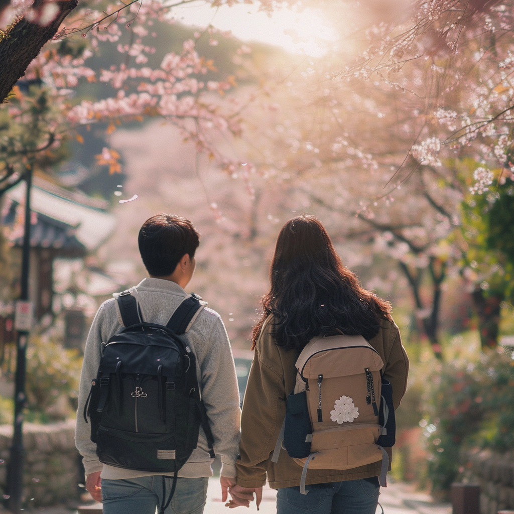 2025년 봄, 벚꽃이 핀 공원에서 산책 중인 젊은 한국인 커플의 모습