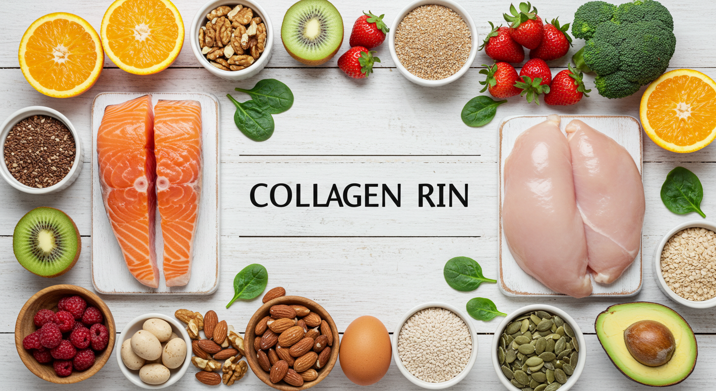 콜라겐 생성에 도움되는 음식
비타민C 풍부한 과일: 오렌지, 키위, 딸기
단백질: 닭고기, 생선, 달걀
비타민E: 견과류, 씨앗류