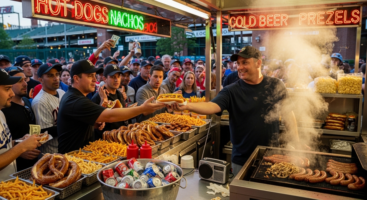 야구장 주변에서 길거리 음식을 구매하려는 팬들로 붐비는 활기찬 상권 풍경.