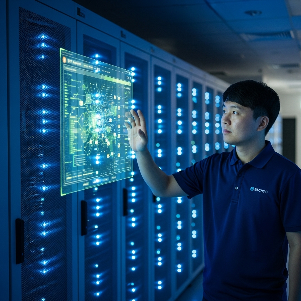 multiple racks of servers lit by blue LED lights