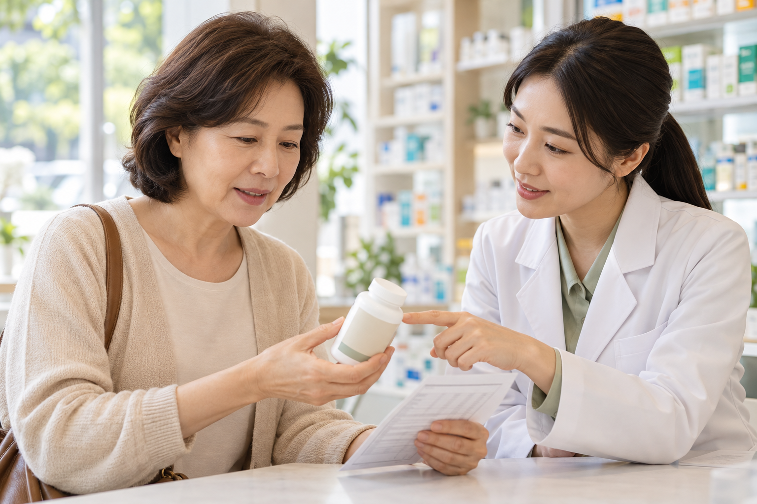 약사와 함께 칼슘 보충제의 표시와 복용 중인 약을 확인하는 중년 여성