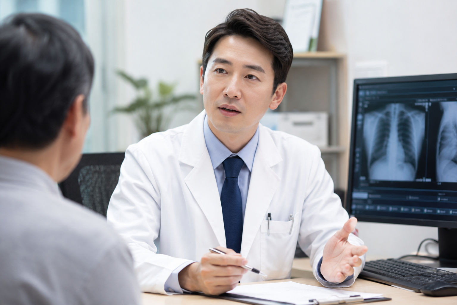 병원 진료실에서 환자에게 변비관련 설명 중인 한국인 남성