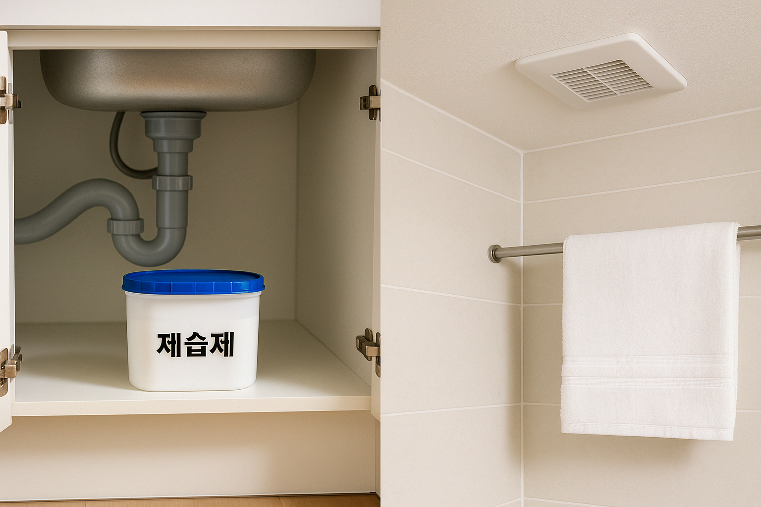 주방 수납장 제습제와 환기된 욕실