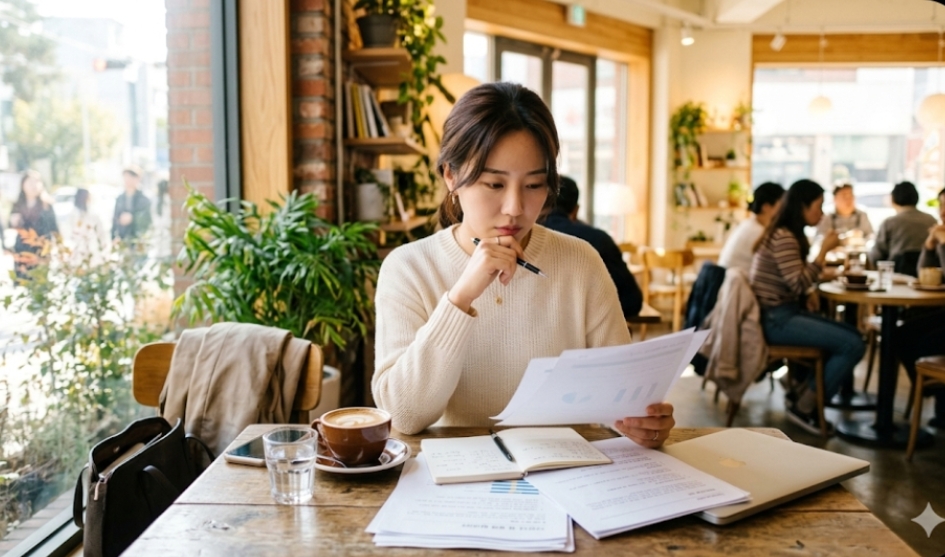보험 리모델링과 증권 분석을 위해 책상에서 서류를 꼼꼼히 살펴보며 고민하는 여성의 사진