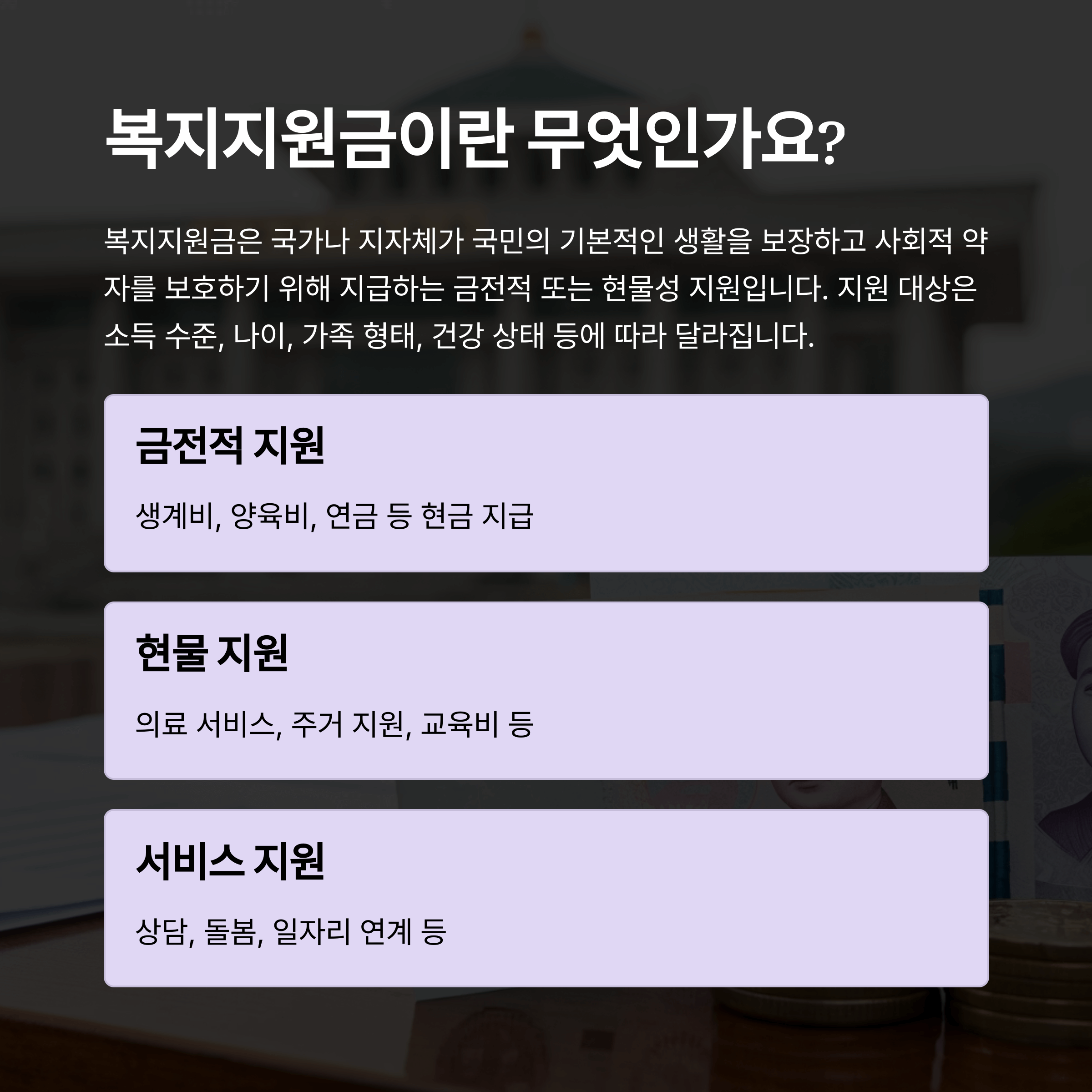 복지지원금 종류 총정리: 내가 받을 수 있는 지원금은?