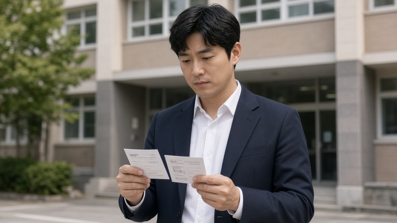 시험장 앞에서 수험표와 신분증을 확인하는 30대 한국인 남성 수험생