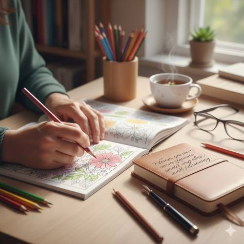 집중해서 컬러링북을 색칠하거나 손글씨를 쓰는 모습