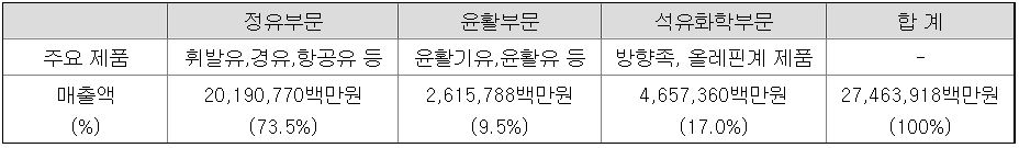 21년도 기준 제품 분야별 매출 현황