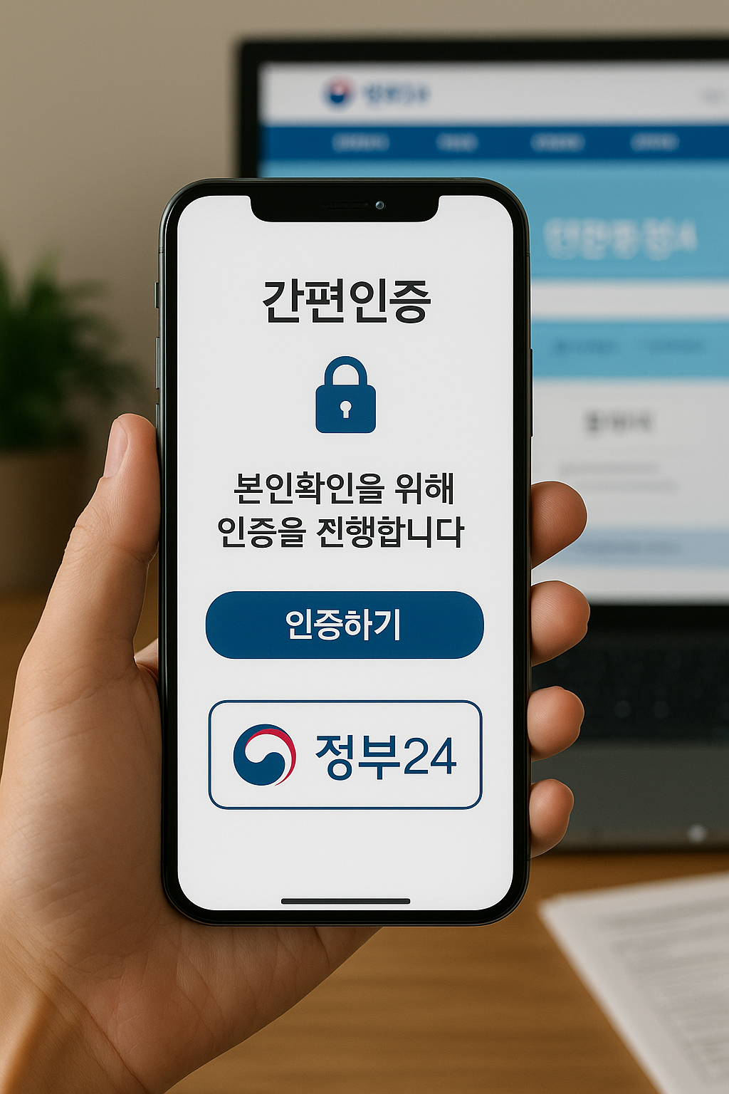 모바일 간편인증 화면과 정부24 인증 연동 앱 UI, 스마트폰 인증창
스마트폰 인증 화면, 정부 앱 실행 모습