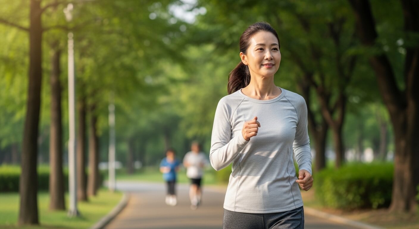 공원에서 가볍게 걷기 운동을 실천하는 중년 한국인 여성, 신장 건강을 위한 유산소 운동 장면