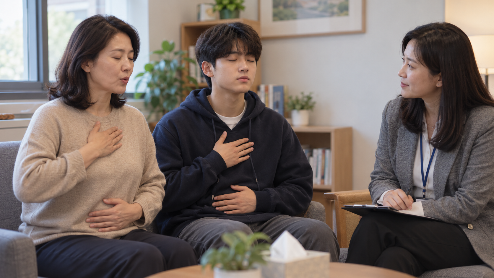청소년이 갑자기 숨이 막히고 죽을 것 같다고 할 때, 공황발작 대처와 진료 준비 상황을 부모와 아이가 실제 생활 공간에서 함께 확인하는 장면