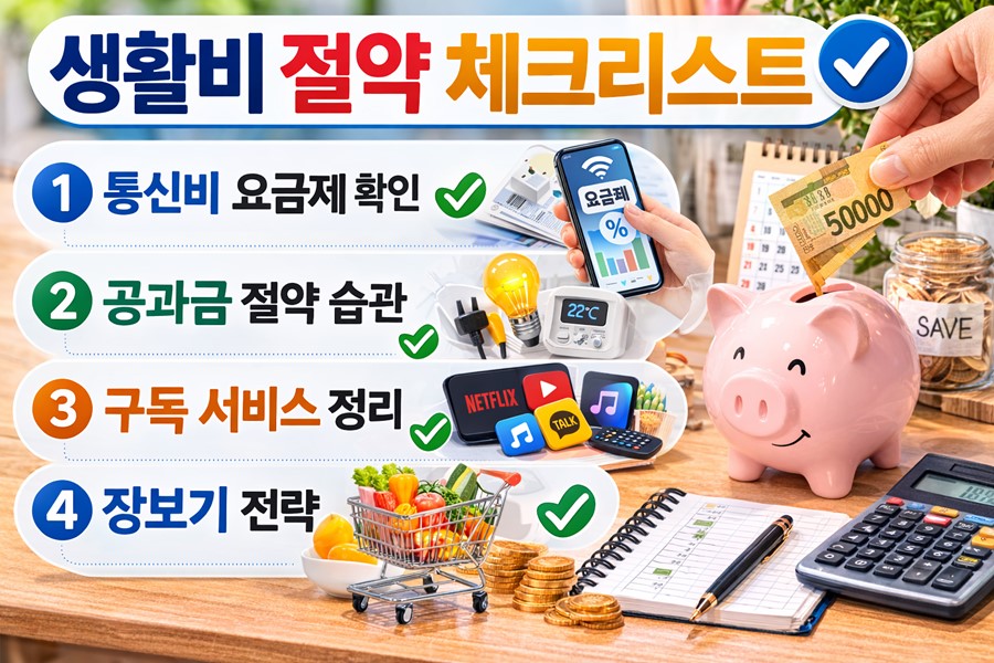 생활비 절약을 위해 통신비 요금제 확인, 공과금 절약 습관, 구독 서비스 정리, 장보기 전략 점검을 체크리스트 형식으로 정리한 안내 이미지입니다.