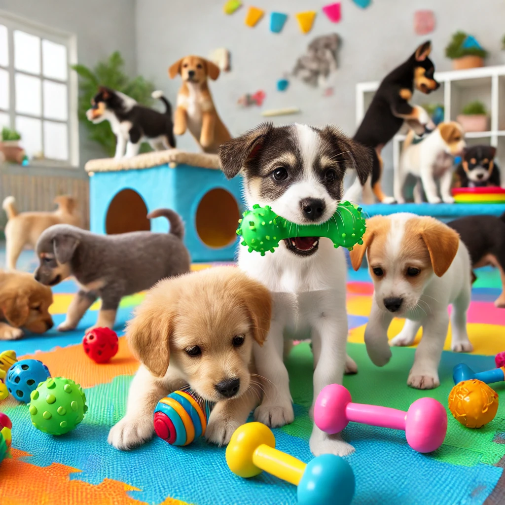 여러마리의 강아지가 장난감 가지고 놀고 있는 모습