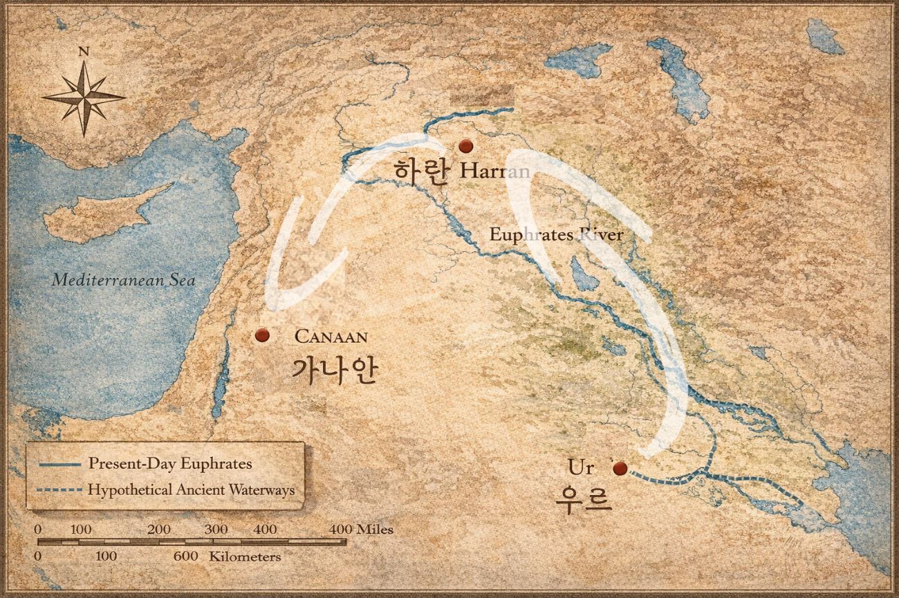 창세기 24장 하란 위치 지도, 우르에서 하란을 거쳐 가나안으로 이동한 아브라함의 경로와 비옥한 초승달 지대