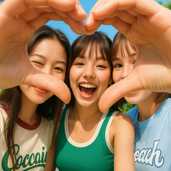 여름 햇살 아래 웃으며 손하트를 만드는 여성들 &ndash; 건강하고 자신감 있는 체취 관리의 이미지
