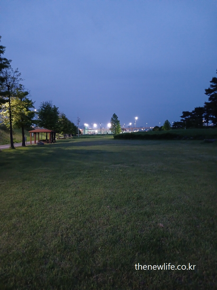 A night scene of grassy trail with pavilion and street lights at Guri Park-구리 한강공원의 가로등과 정자가 있는 맨발 걷기 잔디 산책로의 야경