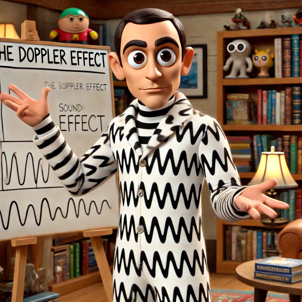 미국 드라마 빅뱅 이론에서 도플러 효과 코스튬을 입은 쉘던을 연상시키는 카툰