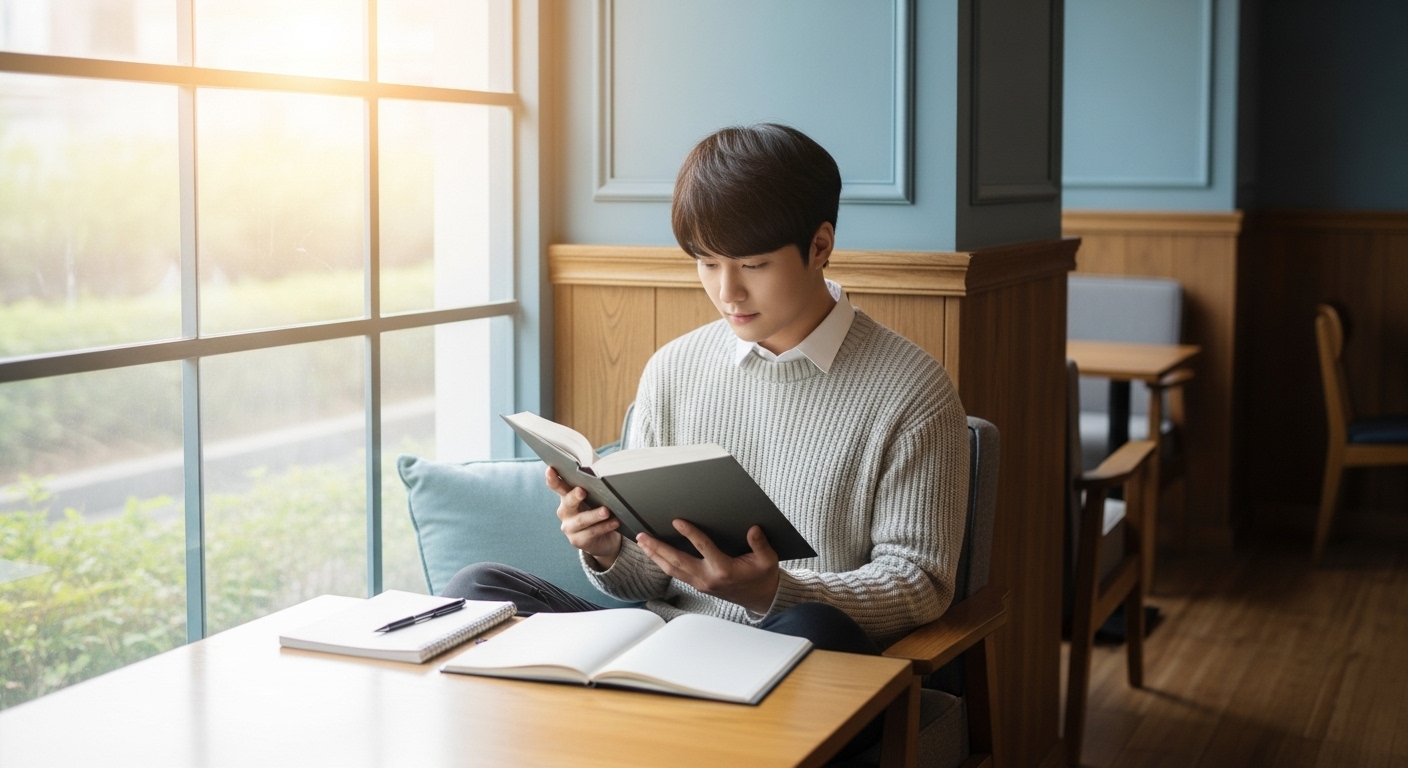 햇살이 비치는 아늑한 공간에서 한 젊은 한국인이 두꺼운 책을 읽으며 사색하는 모습. 독서와 함께 글쓰기나 기록을 하는 듯한 평화로운 분위기.