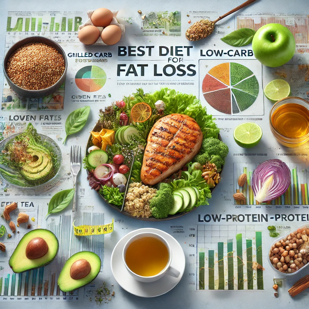"체지방 감량을 위한 과학적인 식단: 균형 잡힌 식단(닭가슴살, 퀴노아, 채소), 건강한 지방(아보카도, 견과류), 녹차를 마시는 사람, 저탄수화물 vs 고단백 식단 비교 차트가 포함된 대표 이미지."