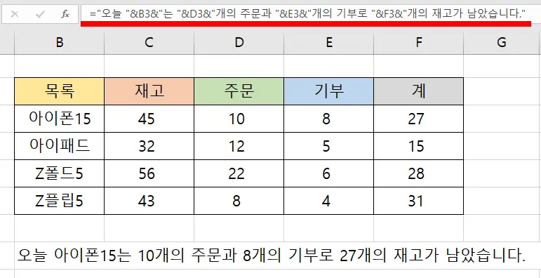 엑셀 텍스트 합치기 앤드 기호를 활용한 모습