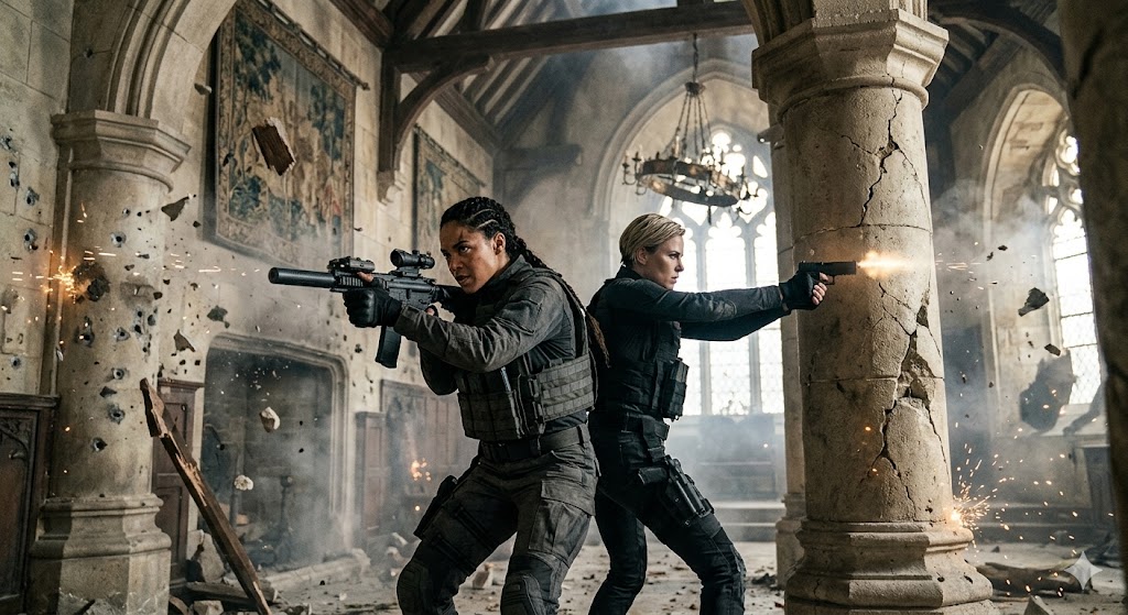 화려한 유럽의 오래된 성벽을 배경으로 적의 공격을 피하며 아슬아슬하게 협동 사격을 하는 앤디와 나일