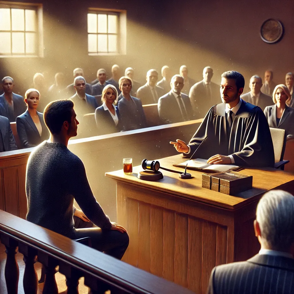 증인을 신문하며 배심원과 판사가 지켜보는 법정 장면.