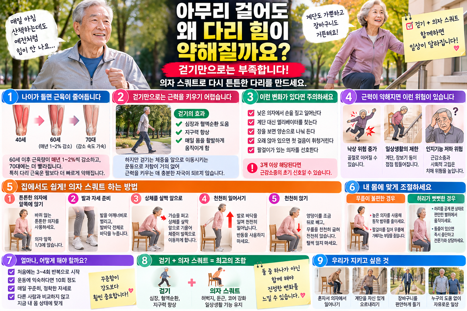 근감소증 예방 (근력 저하, 의자 스쿼트, 단백질 섭취)