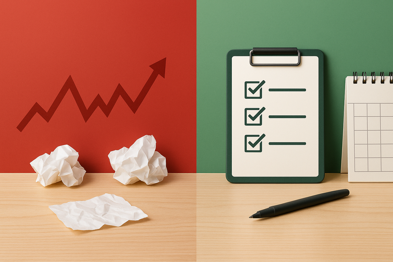 변동성 높은 결과와 안정적인 과정의 대비를 표현한 분할 이미지입니다