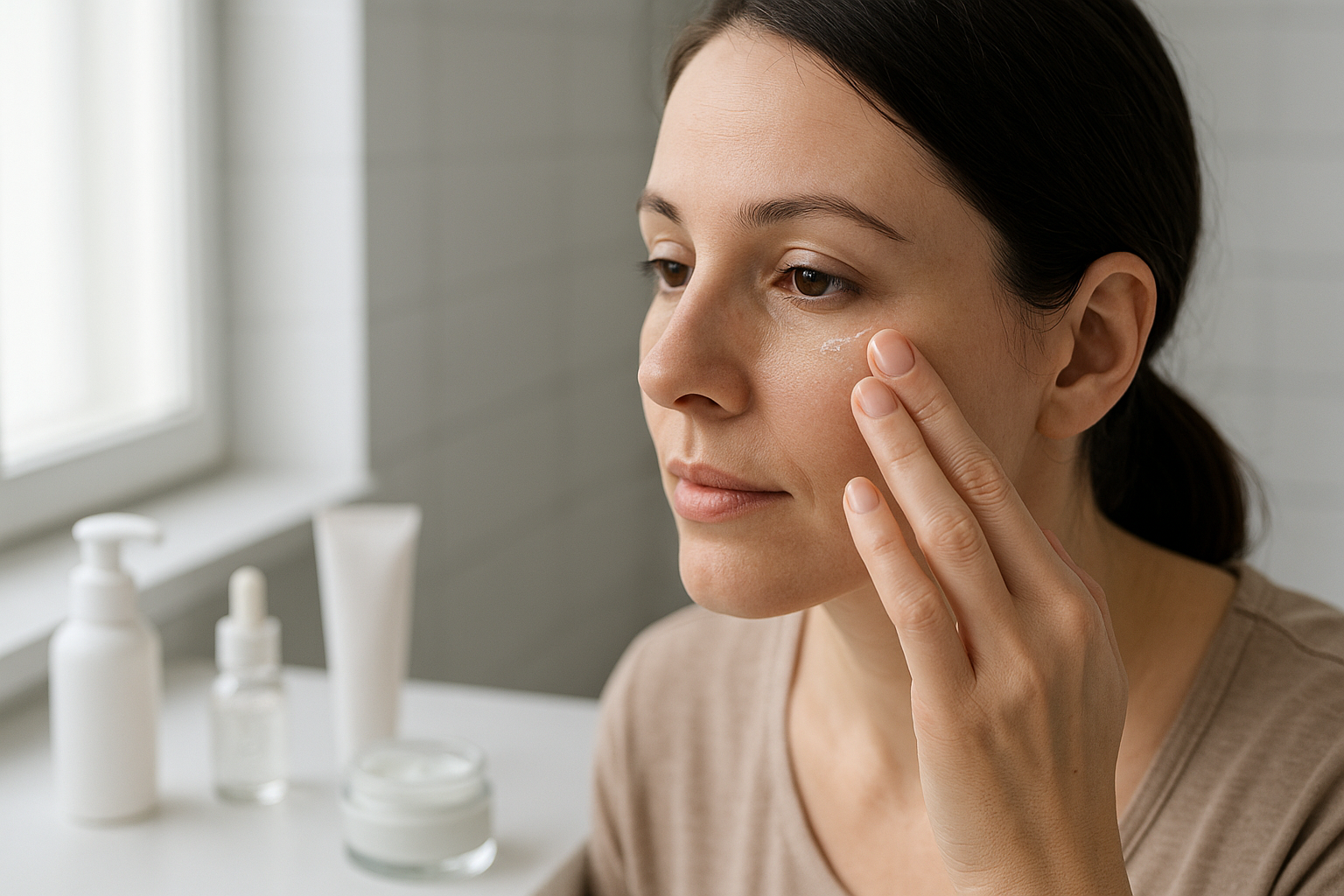 비립종 관리용 가벼운 아이젤을 오비탈 본 라인에 소량 바르는 실제 장면