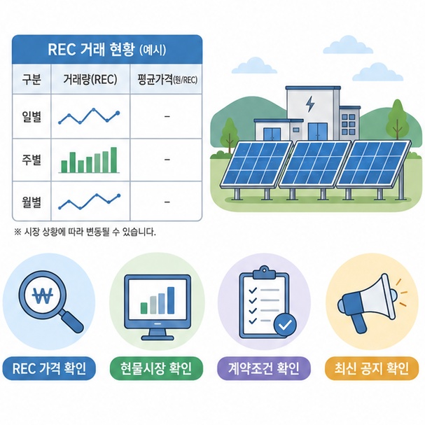 REC 거래량과 평균가격, 현물시장과 계약조건을 확인하고 최신 공지를 함께 살펴보는 모습을 보여주는 그림