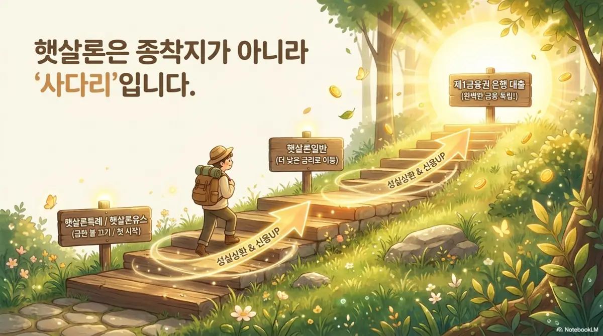 햇살론 대출: 배낭을 멘 사람이 빛나는 계단을 오르는 일러스트로 단계마다 이정표가 세워져 있음. 햇살론특례·햇살론유스로 급한 불을 끄고 성실상환으로 신용을 올려 더 낮은 금리의 햇살론일반을 거쳐 제1금융권 은행 대출로 졸업하는 신용 사다리 전략을 시각적으로 전달하며, 블로그의 햇살론 활용·졸업 전략 주제와 관련된 내용을 설명함