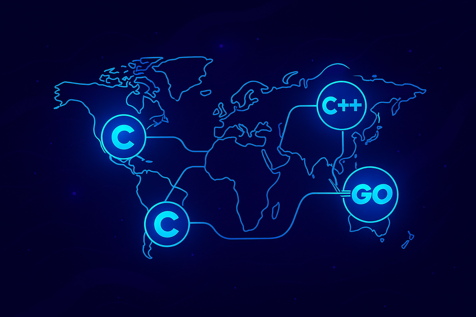 북미, 유럽, 아시아가 C++, Rust, Go 언어로 연결된 글로벌 컴파일 언어 지도