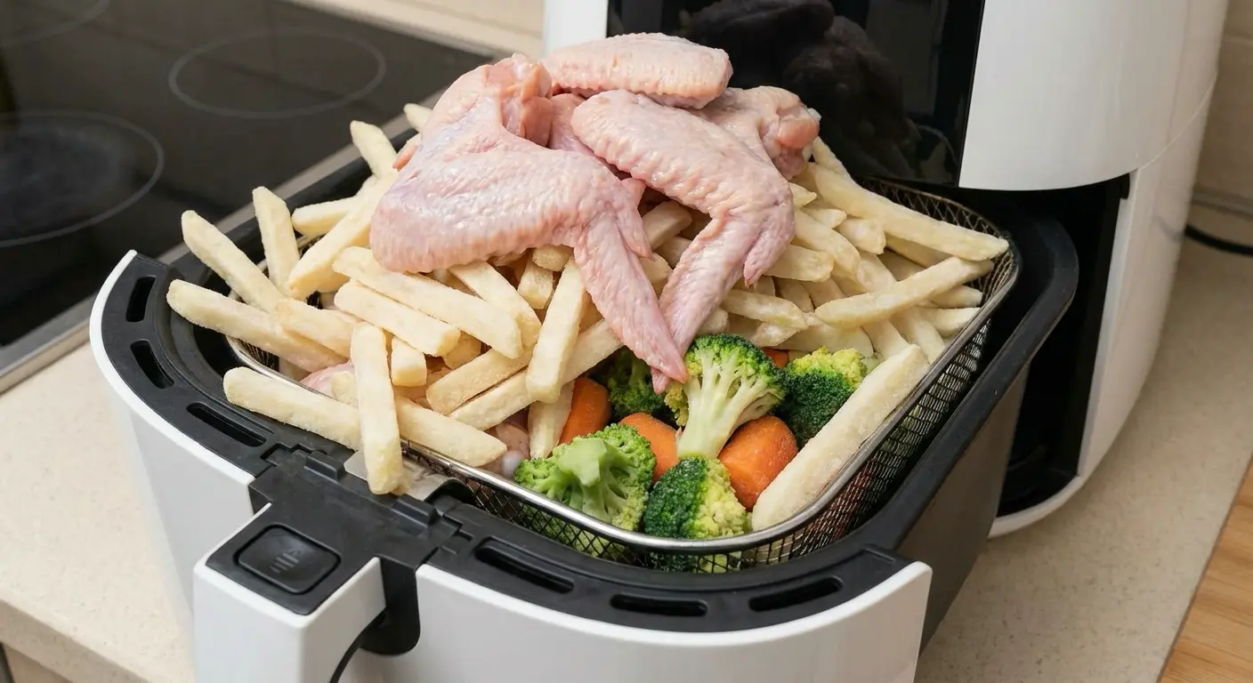음식이 너무 많이 담긴 에어프라이어 바스켓