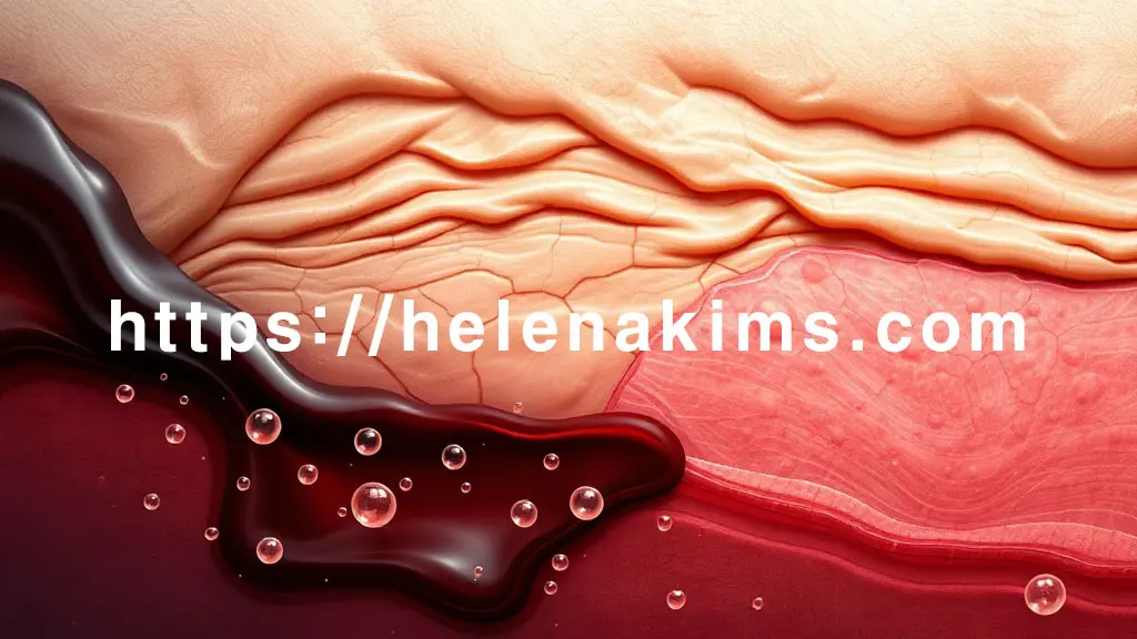 화면 중앙에 탄력을 잃고 주름진 피부 세포의 단면, 아래에서부터 파비플로라 성분을 상징하는 밝고 미세한 빛 입자들이 스며들어 당 독소를 제거하고, 피부 속 콜라겐과 엘라스틴 섬유를 탱탱하게 재건하는 그래픽 이미지.