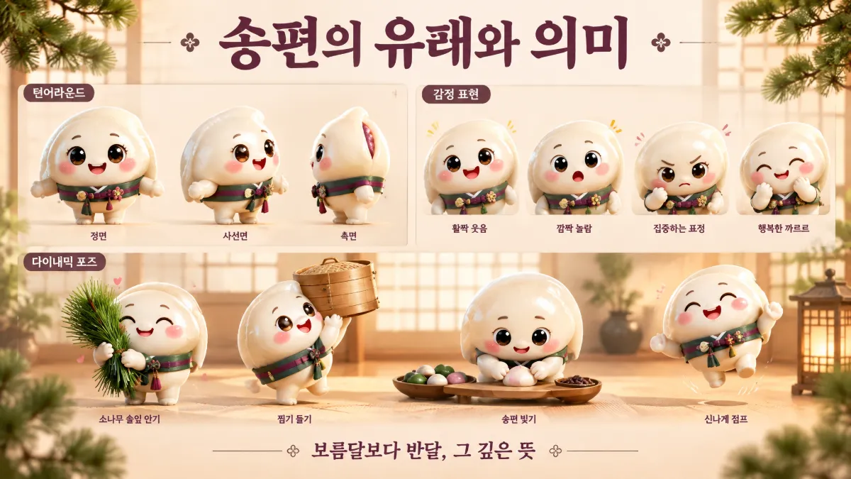 반달 모양 송편을 의인화한 3D 마스코트 캐릭터 시트, 솔잎 위에서 환영하는 회전 뷰와 표정&middot;포즈 모음