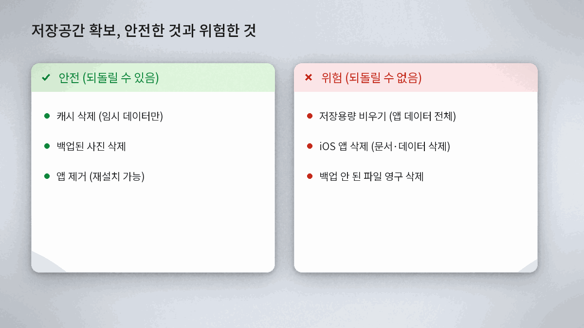 스마트폰 저장공간 확보 지워도 되는 파일과 위험한 삭제 구분 흐름도