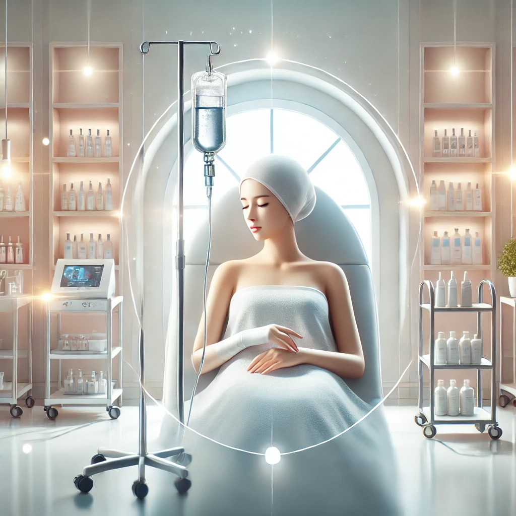 백옥주사 시술을 받고 있는 환자와 고급 미용 클리닉의 실내, 깨끗하고 전문적인 환경의 치료 장면