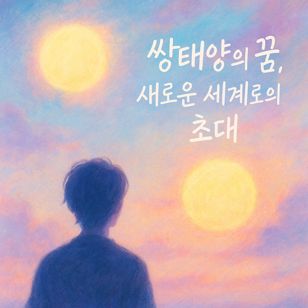 파스텔 톤 하늘에 두 개의 태양이 떠 있고, 한 인물이 이를 바라보는 몽환적 일러스트 — ‘쌍태양의 꿈, 새로운 세계로의 초대’ 제목 포함