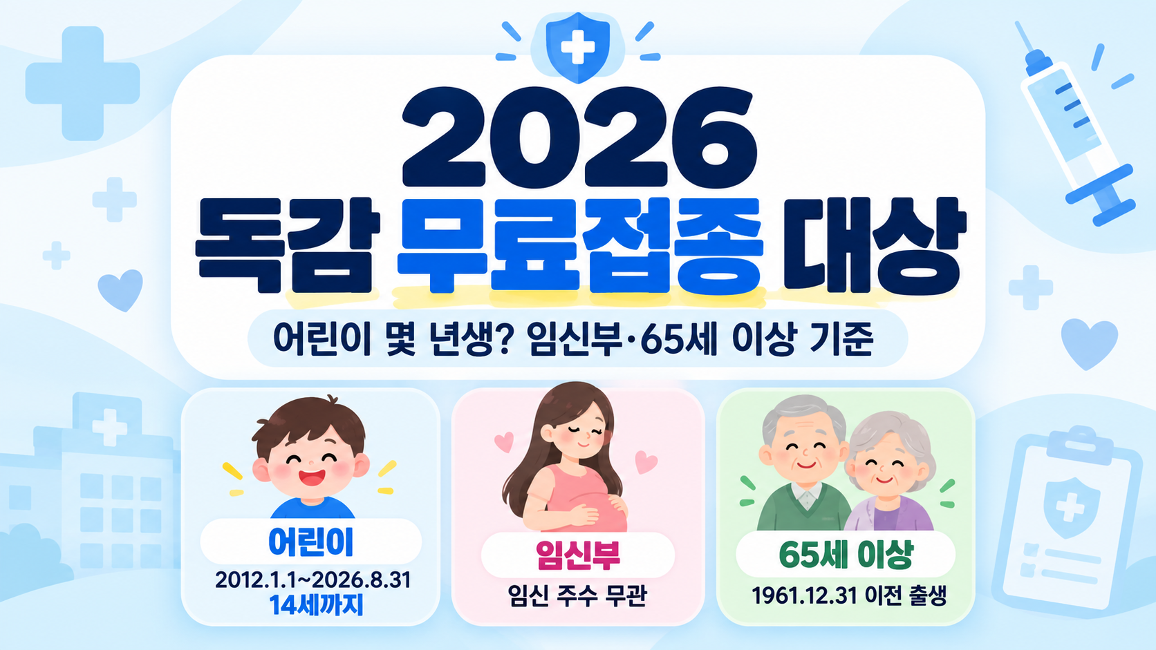 2026 독감 무료접종 대상|어린이 몇 년생? 임신부·65세 이상 기준