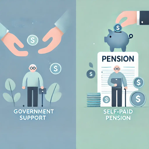 왼쪽은 정부의 지원을 받는 실업자의 상징(도움의 손과 저금통),
오른쪽은 자비로 연금을 납부하는 시니어를 은유적으로 표현한 구성